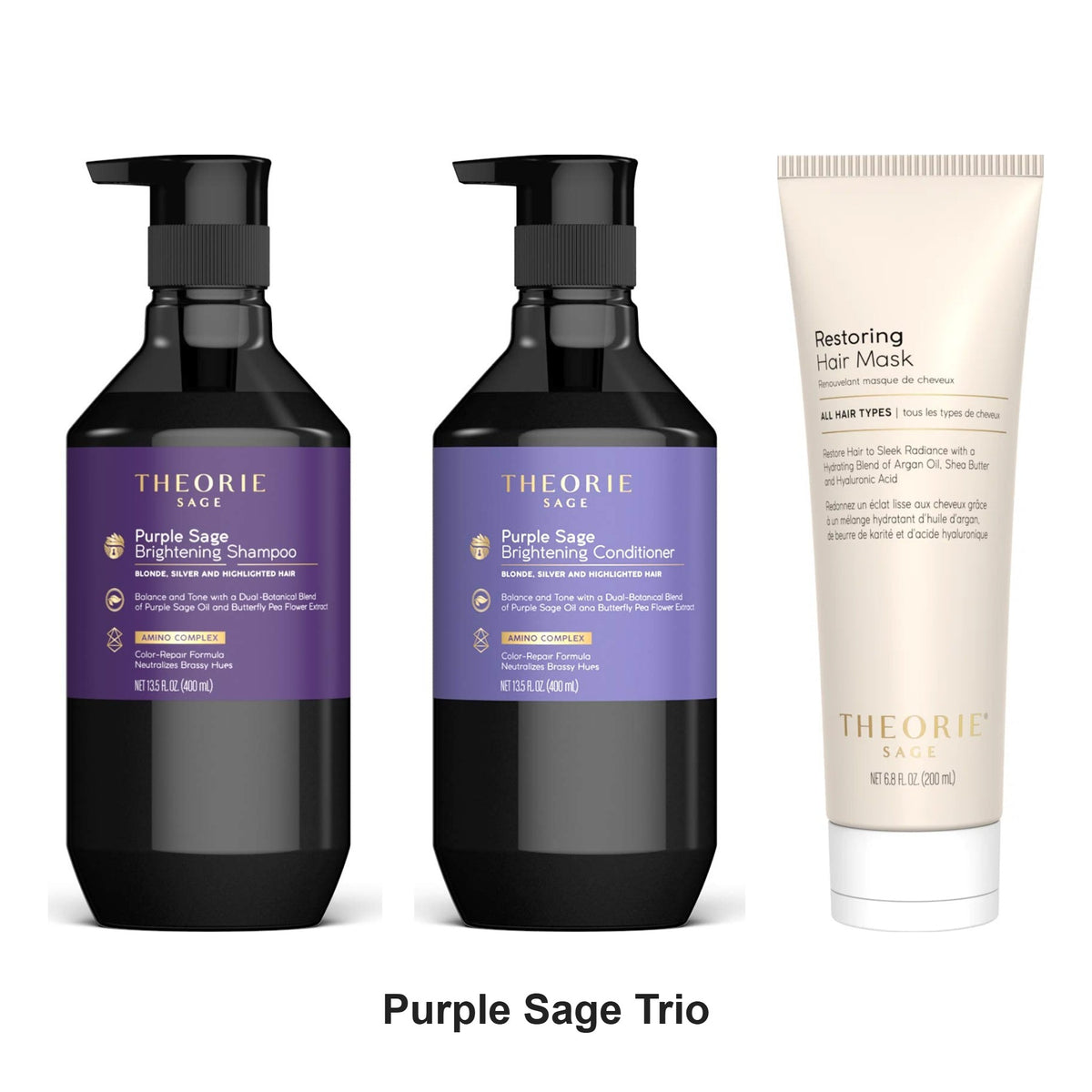 Theorie - Purple Sage Shampoo, Conditioner & Sage Restore Mask Trio Bundle – bundle contents: Purple Sage Blonde Shampoo 400ml, Purple Sage Blonde Conditioner 400ml, Sage Restore Mask 200ml