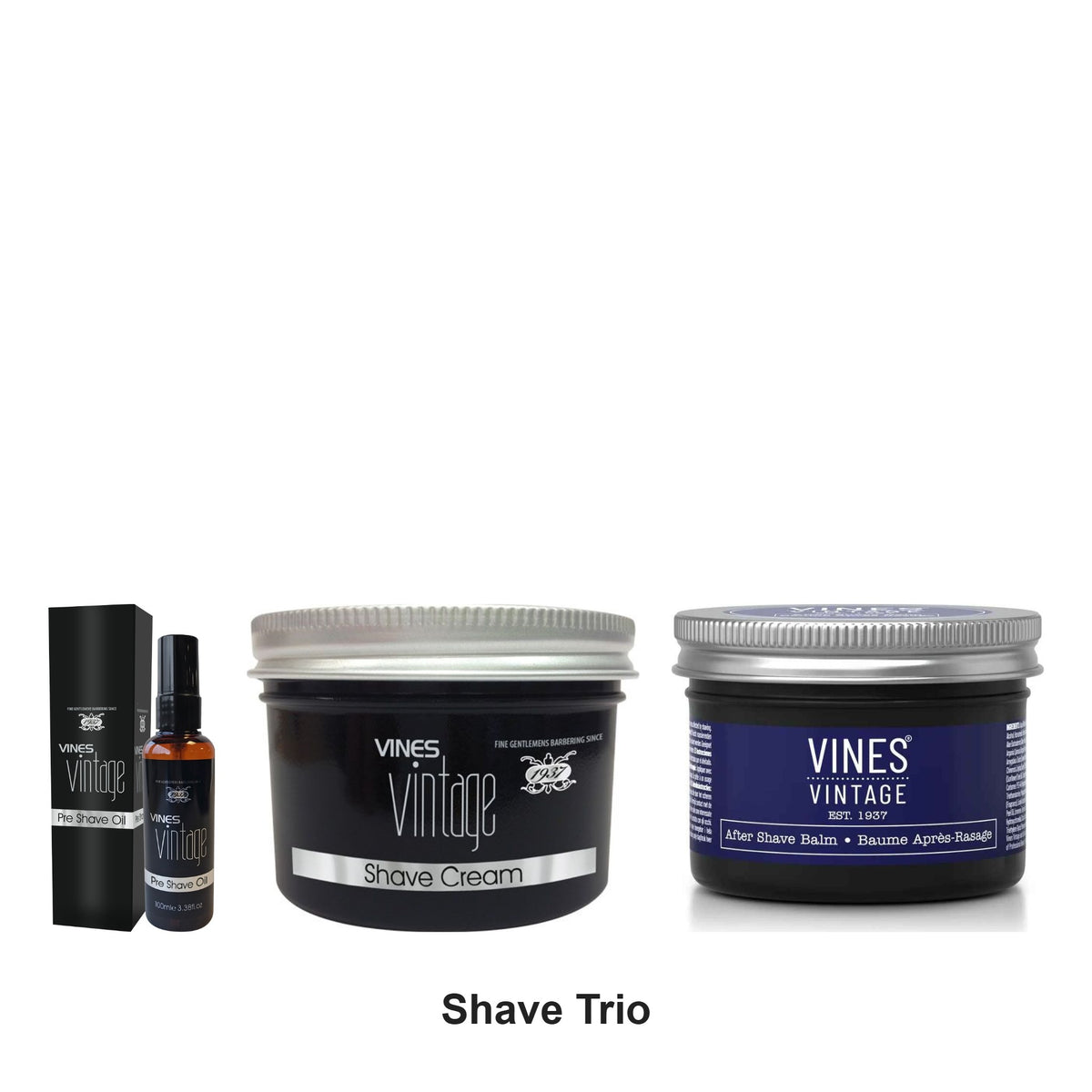 Vines Vintage - Shave Trio Bundle (Pre Shave Oil, Shave Cream & After Shave Balm) – bundle contents: Pre Shave Oil 100ml, Shave Cream 125ml, After Shave Balm 125ml