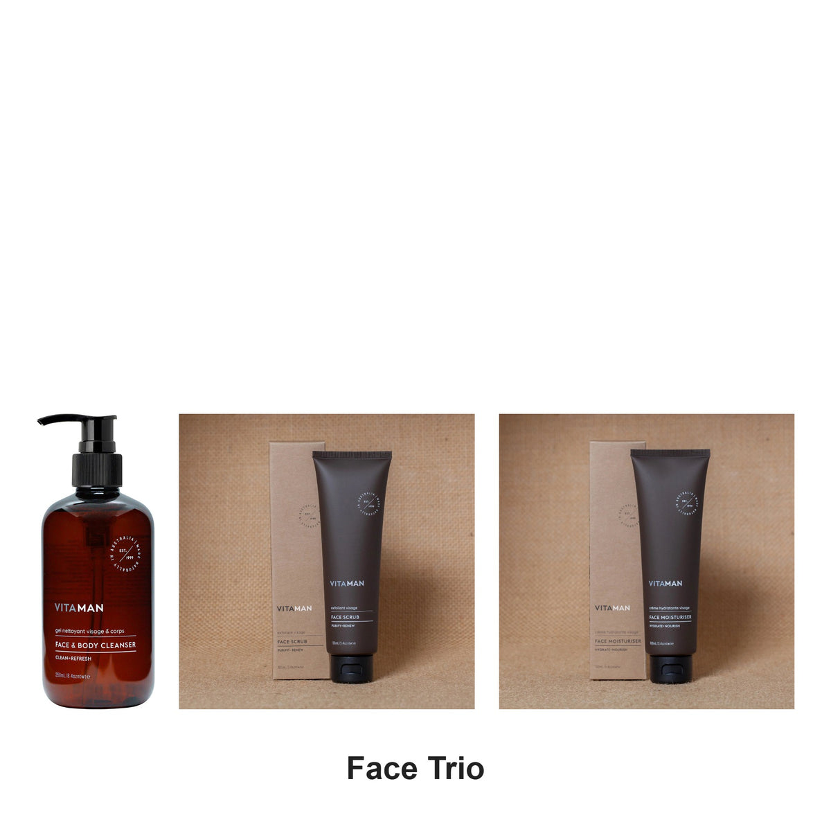 Vitaman - Face Care Trio Bundle (Face & Body Cleanser, Face Scrub & Face Moisturiser) – bundle contents: Face & Body Cleanser 250ml, Face Scrub 100ml, Face Moisturiser 100ml