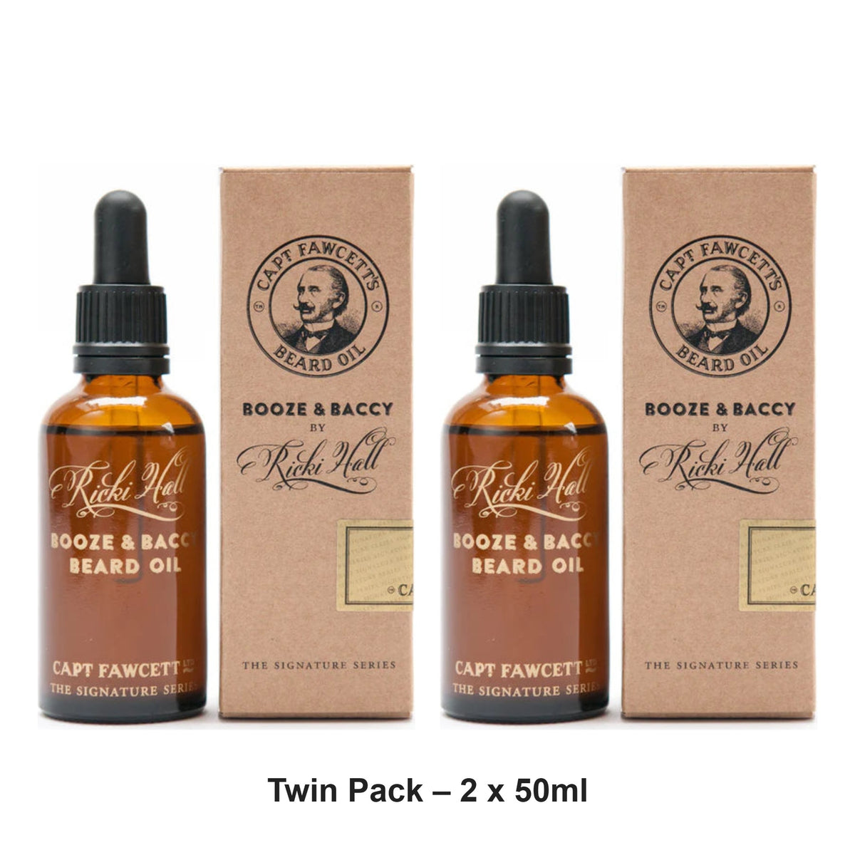 Captain Fawcett - Ricki Hall Booze and Baccy Beard Oil (1114) – Twin Pack (2 x 50ml) – bundle contents: 2 x Captain Fawcett - Ricki Hall Booze and Baccy Beard Oil (1114) 50ml