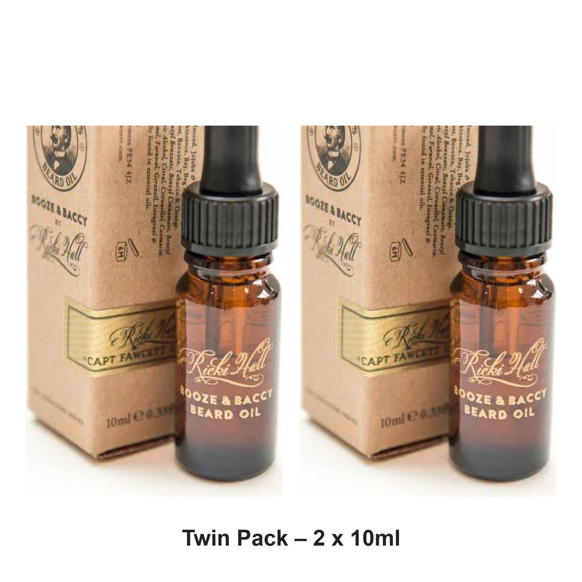 Captain Fawcett - Ricki Hall Booze and Baccy Beard Oil Travel – Twin Pack (2 x 10ml) – bundle contents: 2 x Captain Fawcett - Ricki Hall Booze and Baccy Beard Oil Travel 10ml