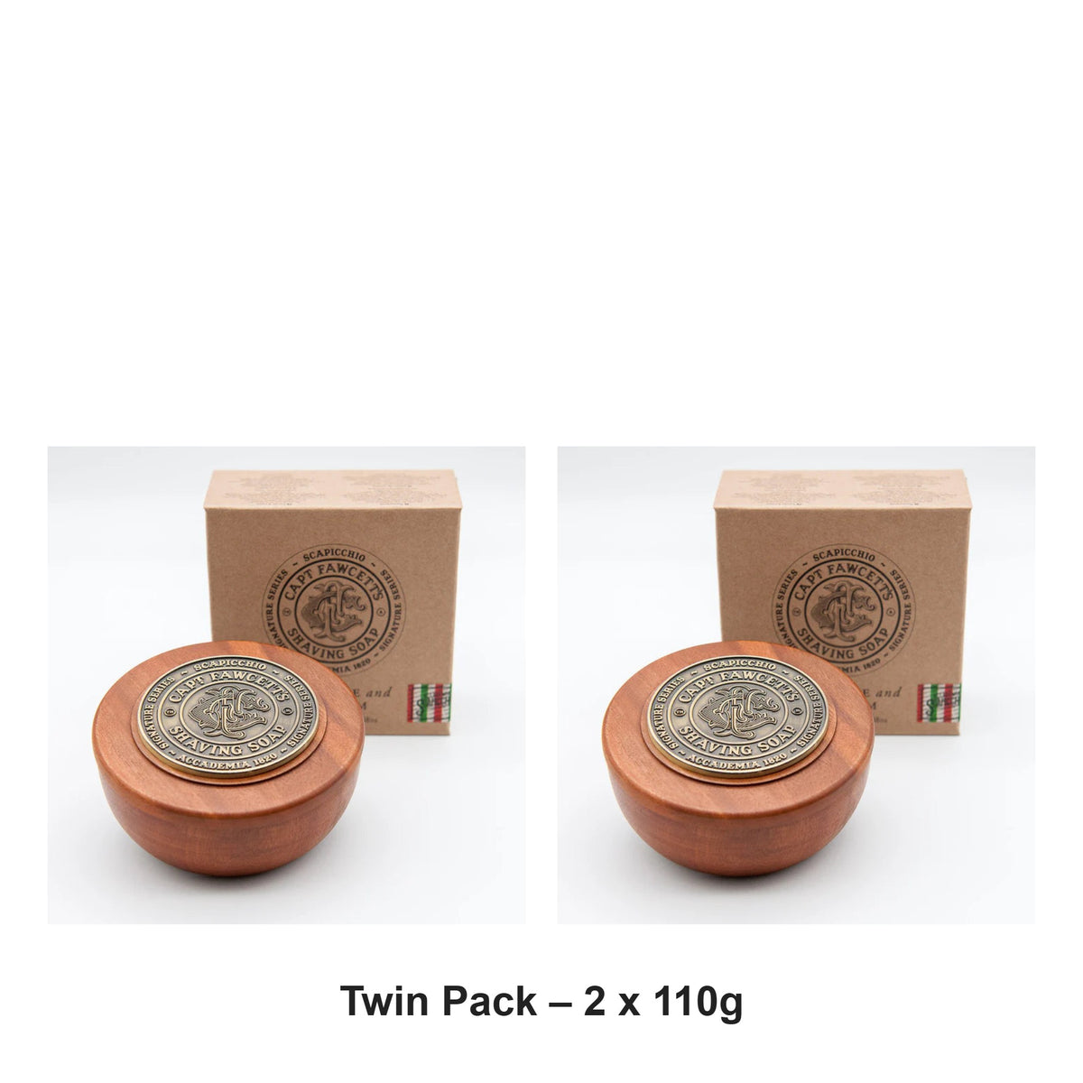 Captain Fawcett - Scapicchio Shaving Soap in Wooden Bowl – Twin Pack (2 x 110g) – bundle contents: 2 x Captain Fawcett - Scapicchio Shaving Soap in Wooden Bowl 110g