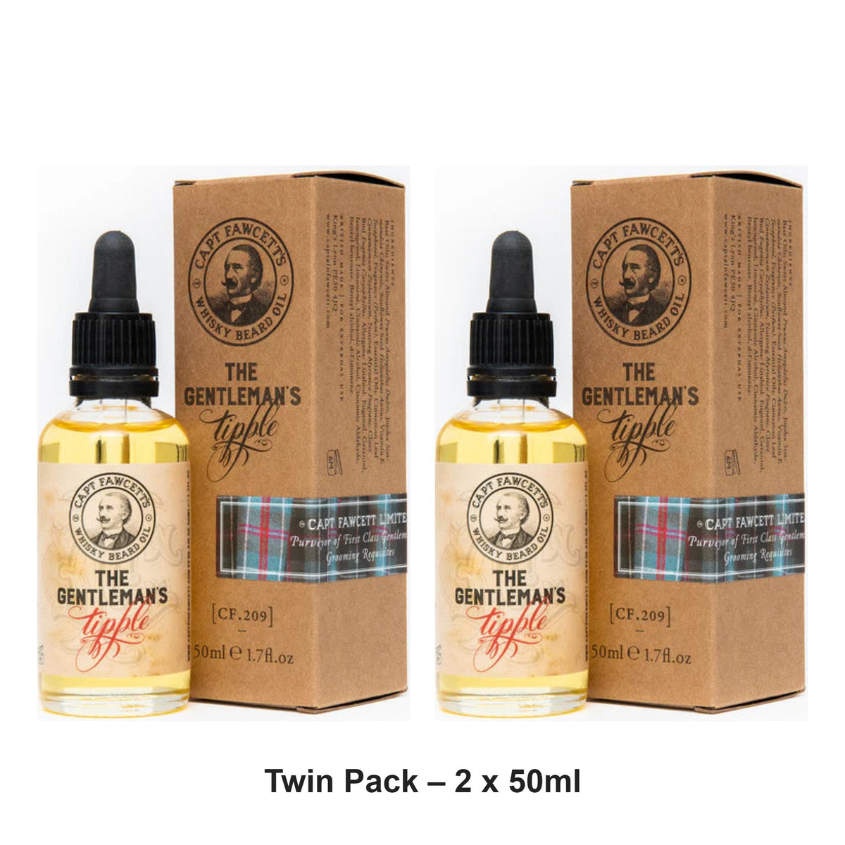 Captain Fawcett - The Gentleman's Tipple Whisky Beard Oil – Twin Pack (2 x 50ml) – bundle contents: 2 x Captain Fawcett - The Gentleman's Tipple Whisky Beard Oil 50ml