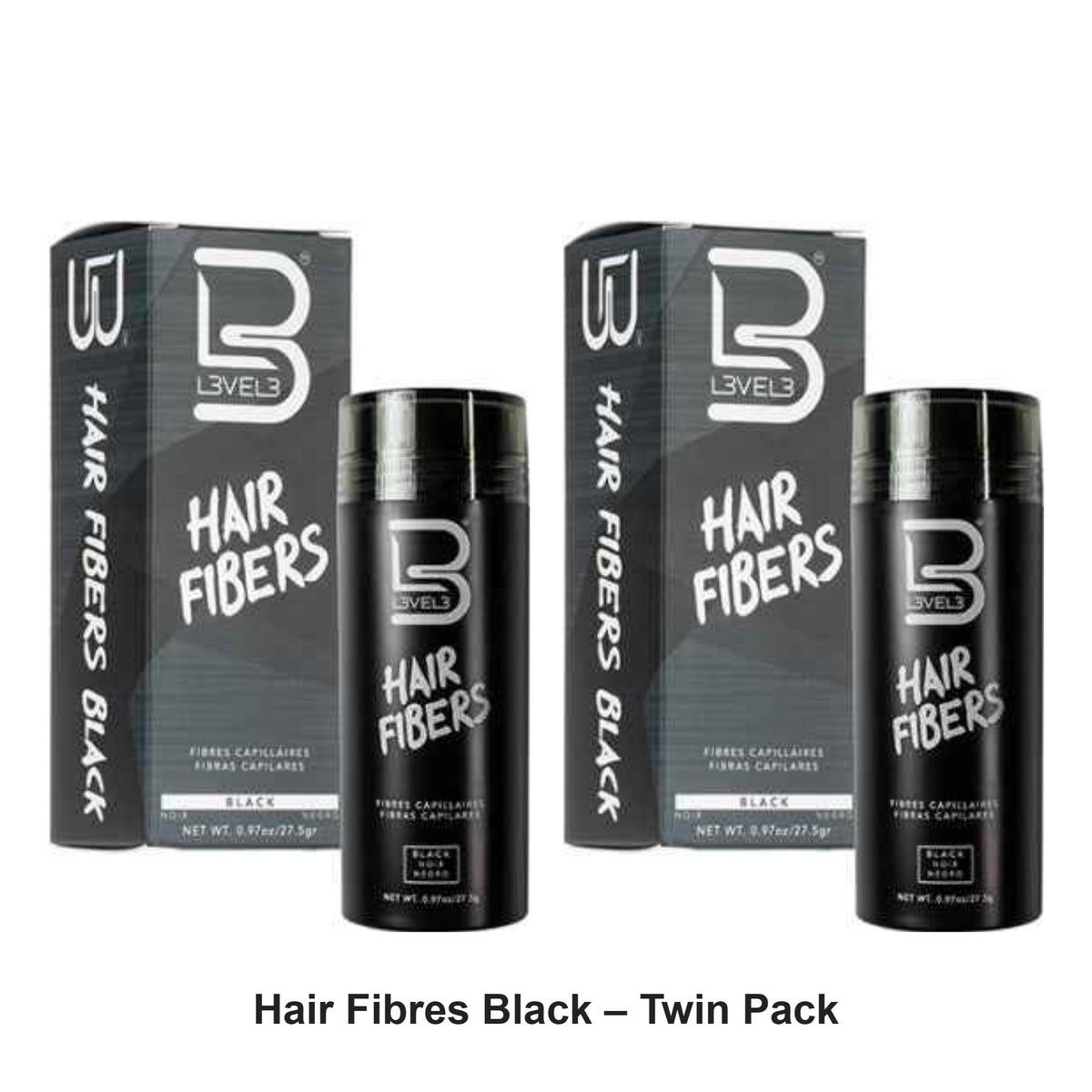 L3VEL3 - Hair Fibres Black – Twin Pack (2 x 27.5g) – bundle contents: 2 x L3VEL3 - Hair Fibres Black 27.5g