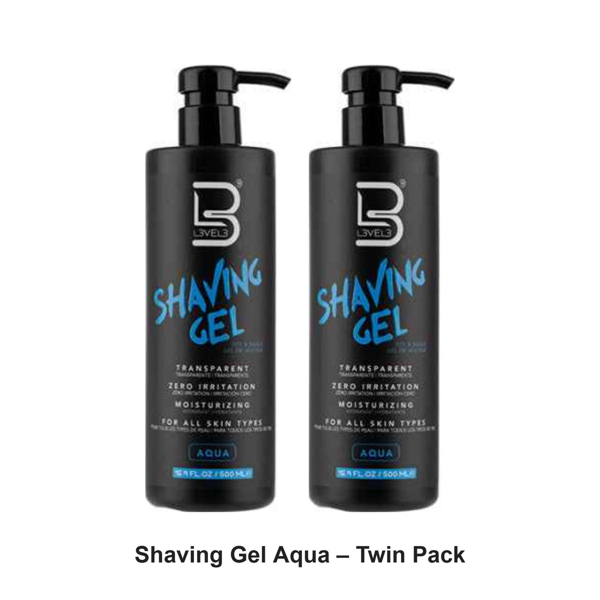 L3VEL3 - Shaving Gel Aqua – Twin Pack (2 x 500ml) – bundle contents: 2 x L3VEL3 - Shaving Gel Aqua 500ml