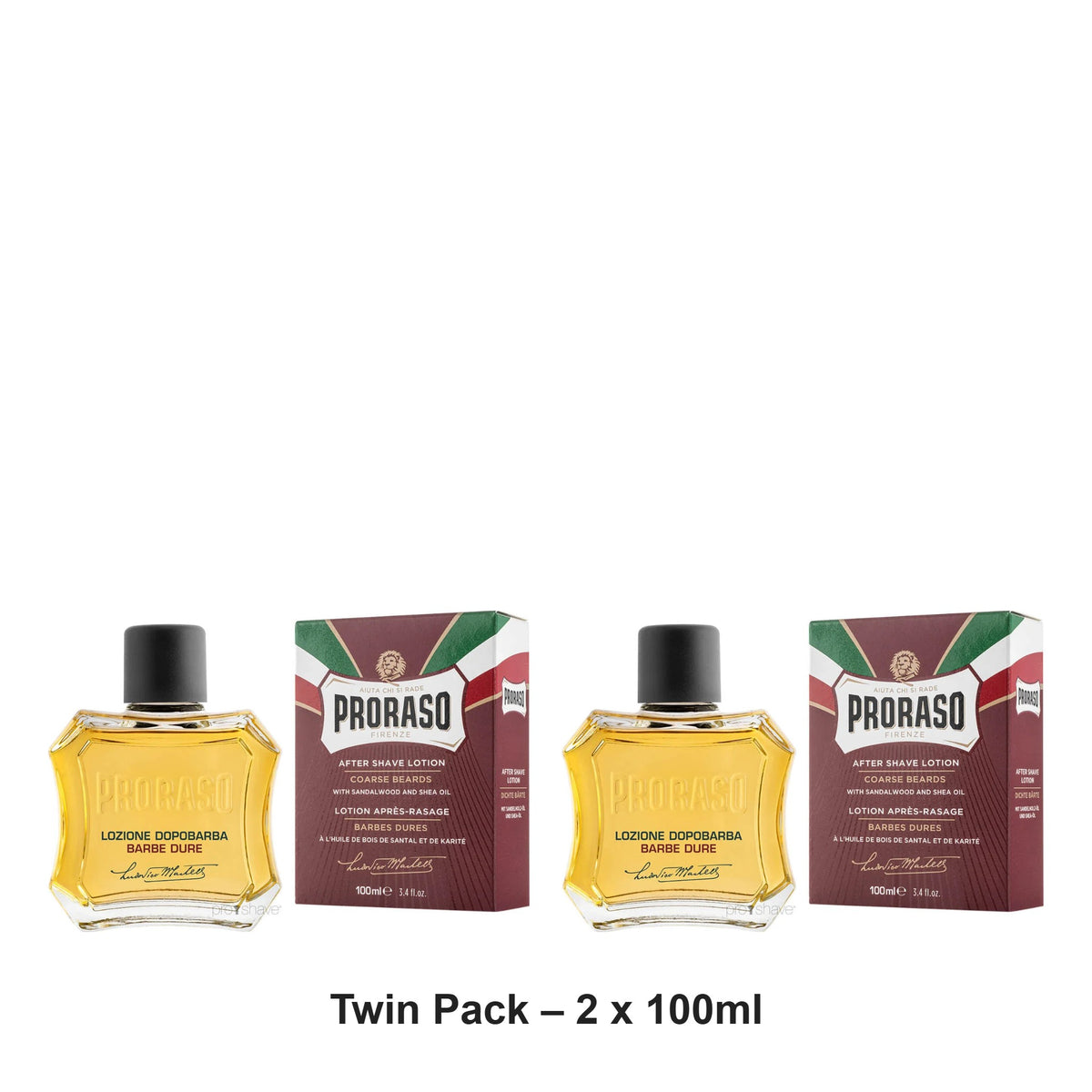 Proraso - Nourishing After Shave Lotion Sandalwood and Shea Butter Red – Twin Pack (2 x 100ml) – bundle contents: 2 x Proraso - Nourishing After Shave Lotion Sandalwood and Shea Butter Red 100ml