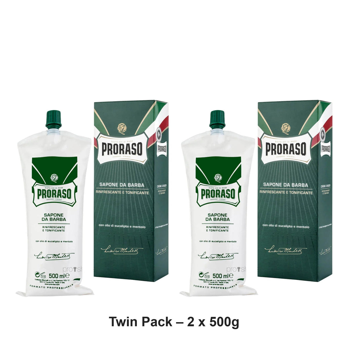Proraso - Professional Shaving Cream Tube Green – Twin Pack (2 x 500g) – bundle contents: 2 x Proraso - Professional Shaving Cream Tube Green 500g