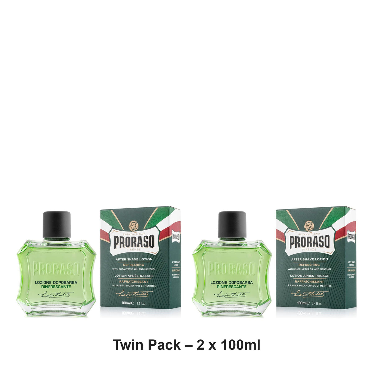 Proraso - Refreshing After Shave Lotion Eucalyptus & Menthol Green – Twin Pack (2 x 100ml) – bundle contents: 2 x Proraso - Refreshing After Shave Lotion Eucalyptus & Menthol Green 100ml
