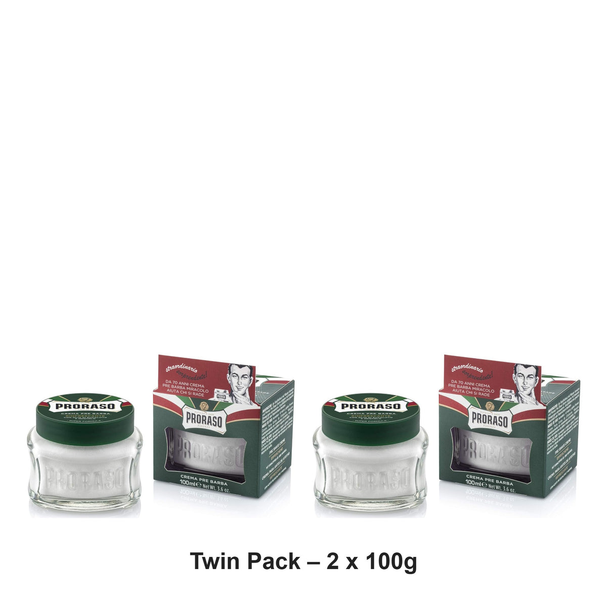 Proraso - Refreshing Pre-Shave Cream Jar Green – Twin Pack (2 x 100g) – bundle contents: 2 x Proraso - Refreshing Pre-Shave Cream Jar Green 100g