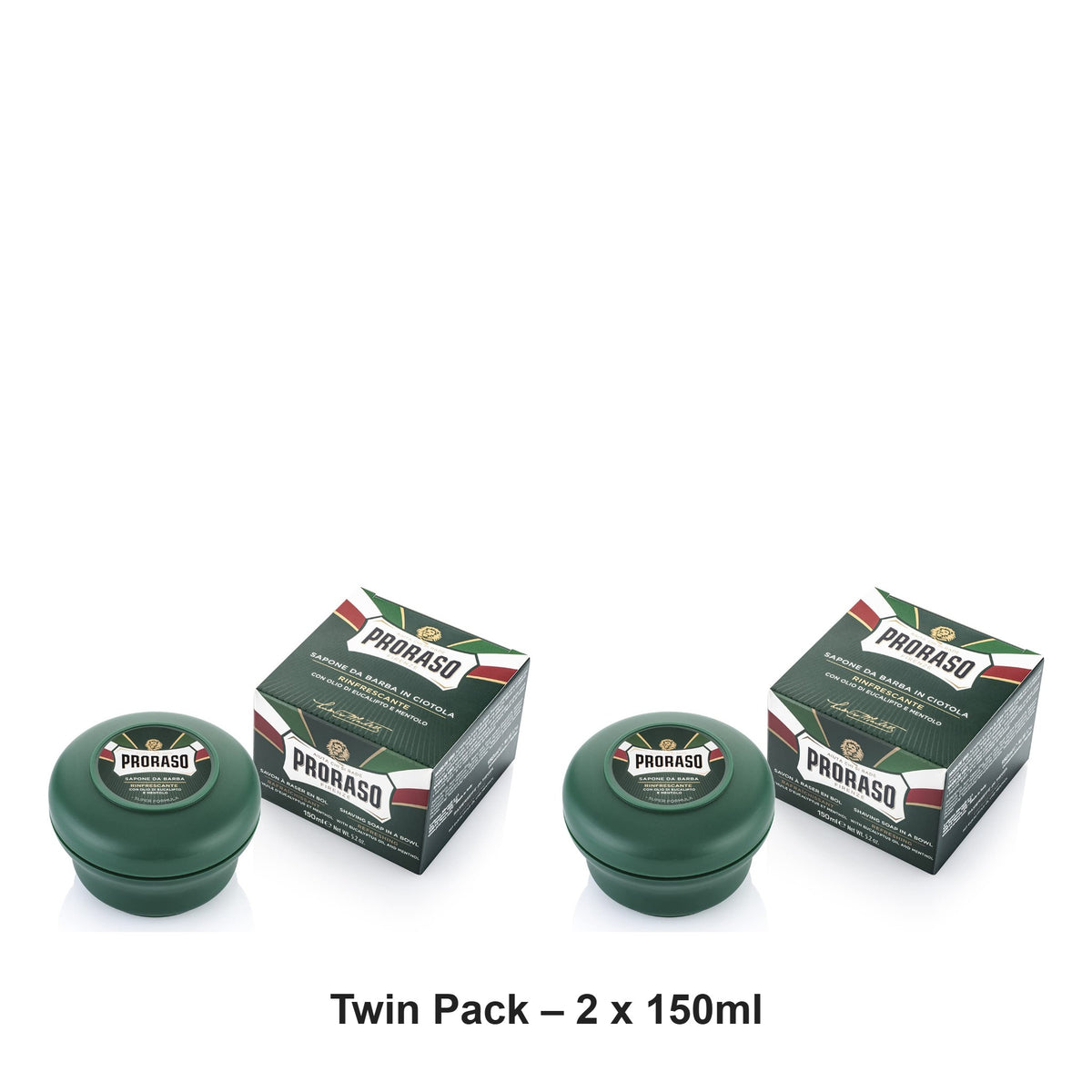 Proraso - Refreshing Shaving Soap Bowl Green – Twin Pack (2 x 150ml) – bundle contents: 2 x Proraso - Refreshing Shaving Soap Bowl Green 150ml